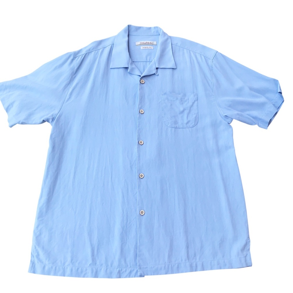 Tommy Bahama Blue Silk Button Up Camp Shirt Casual Short Sleeve Men's Large